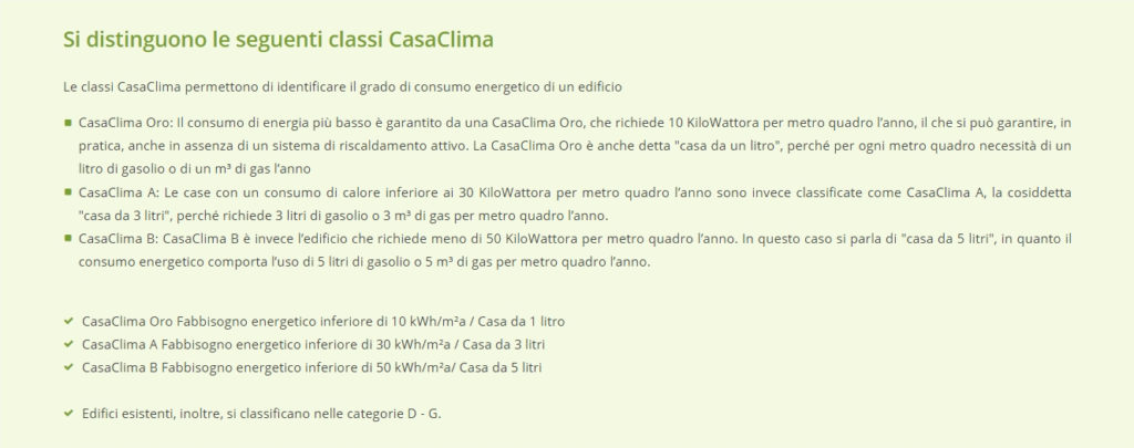 Il Protocollo CasaClima - Le classi CasaClima (fonte: https://www.agenziacasaclima.it/it/certificazione-edifici/classi-casaclima-1409.html)