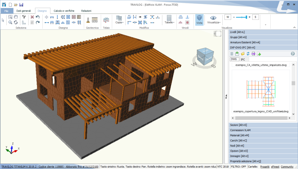 Edificio in legno realizzato in pannelli XLAM- TRAVILOG consente di modellare e verificare sia strutture intelaiate in legno che edifici in XLAM con le NTC 2018 
